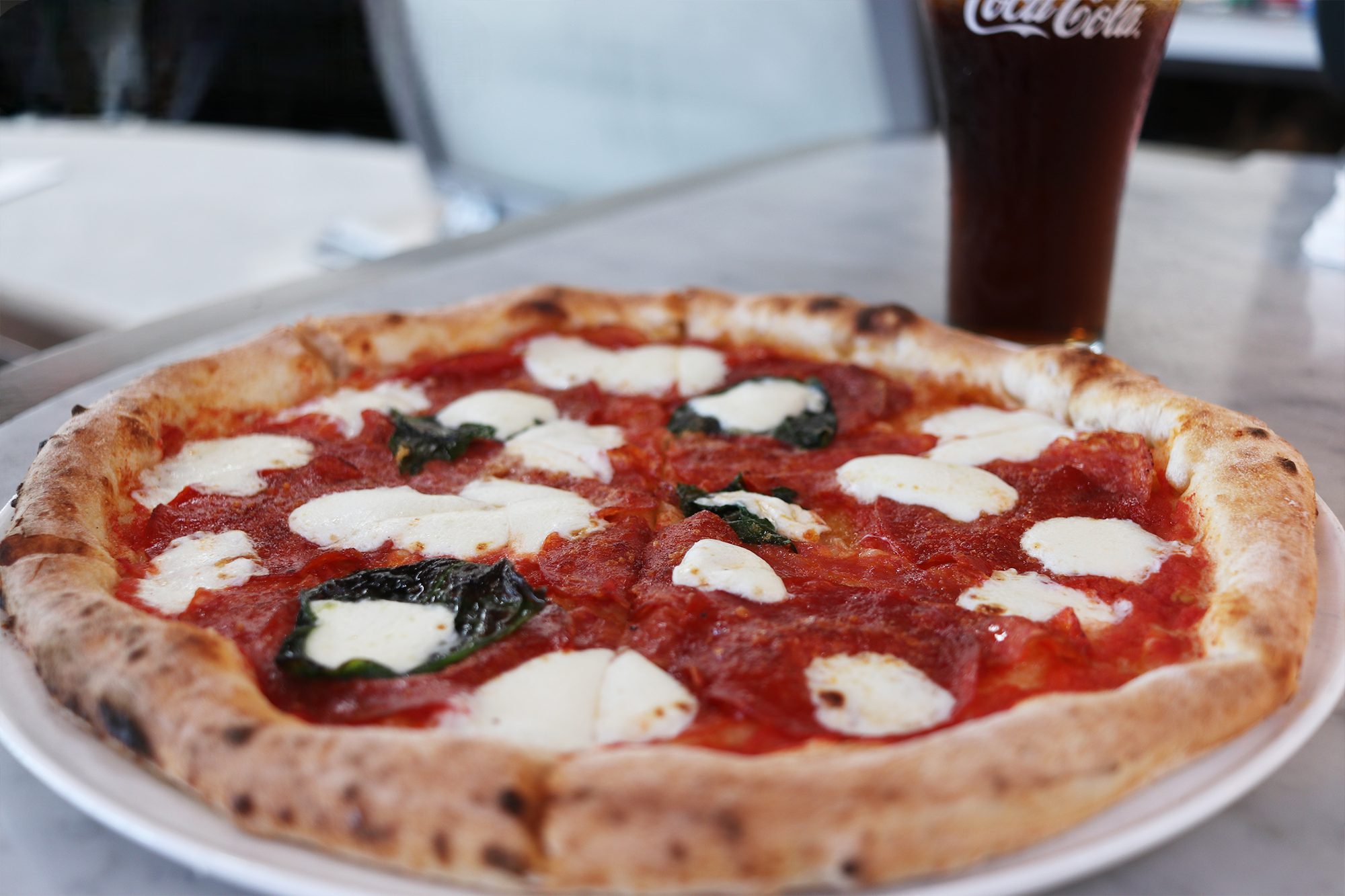 A wood-fired pizza with mozzarella and basil
